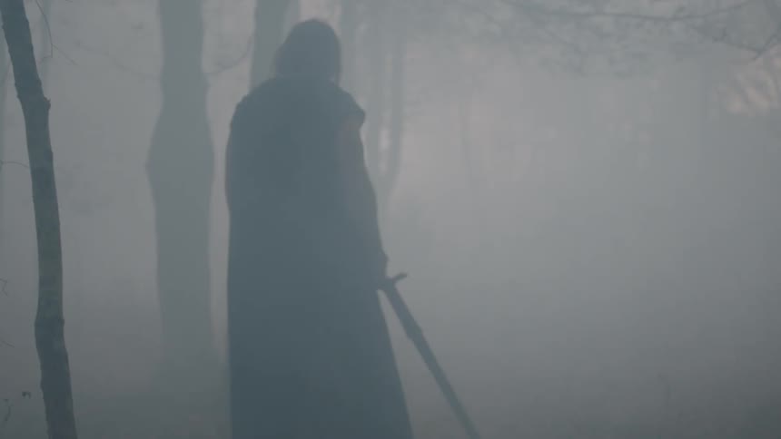 A man lifts is sword in a foggy forest