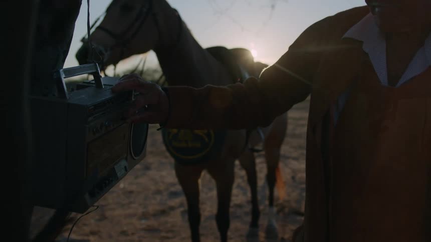 A man listening to a radio next to his horse in a rural area