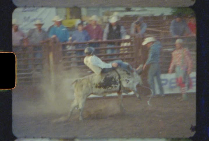 A gate opens and a man rides a bull into the rodeo ring quickly falling off