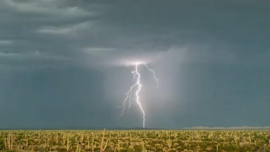 Lightning flashing across a sky over a field