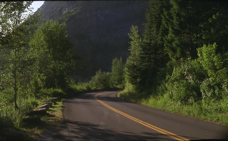 A road through a forested area at the base of a mountain during the day shot on 16mm film