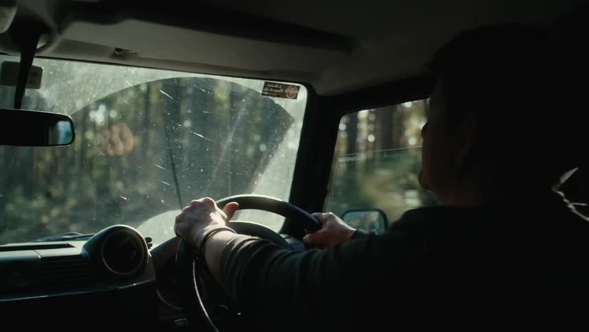 The silhouette of a woman driving a car on a bumpy road with a forest of trees to her right