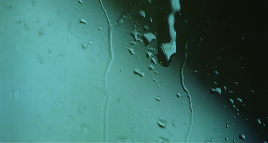 Water is running down a glass window and there is a light blue light on inside