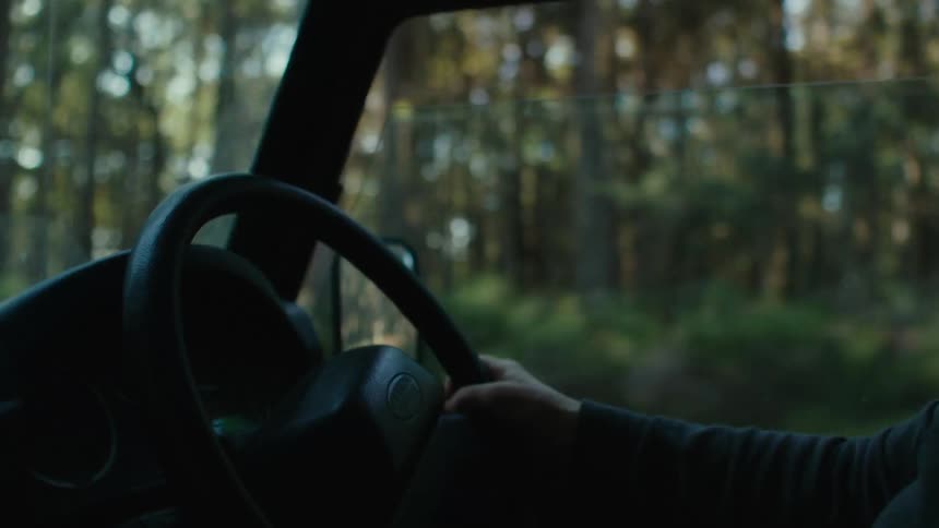A driver is holding the steering wheel as they drive an automobile through the woods