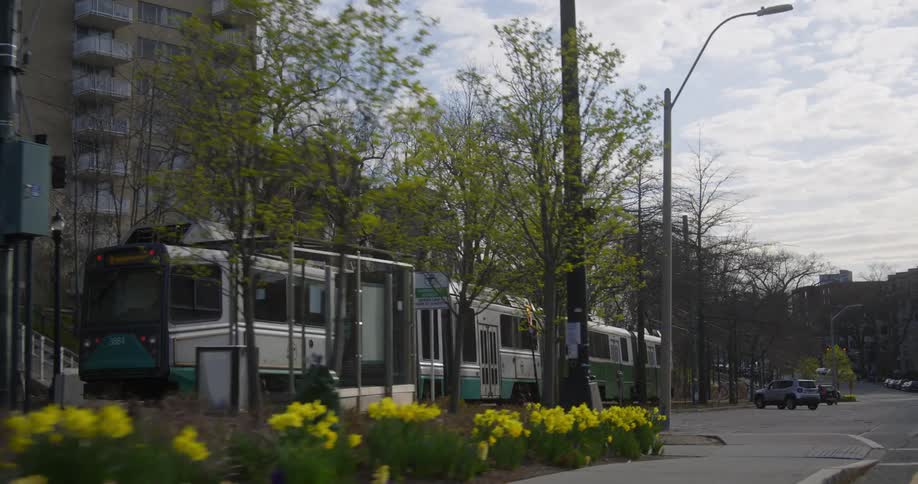 The train travels through town