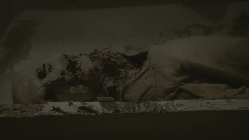 A crypt has a decayed corpse laying down