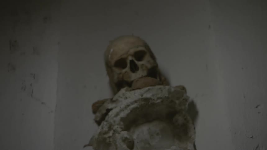A skull sits on a large white rock