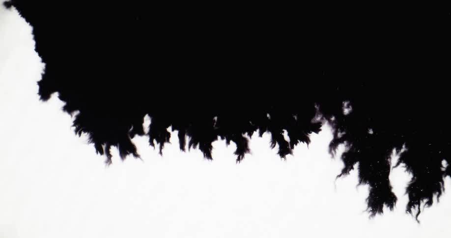 Splotches and stains of dark black ink spreading over a white background