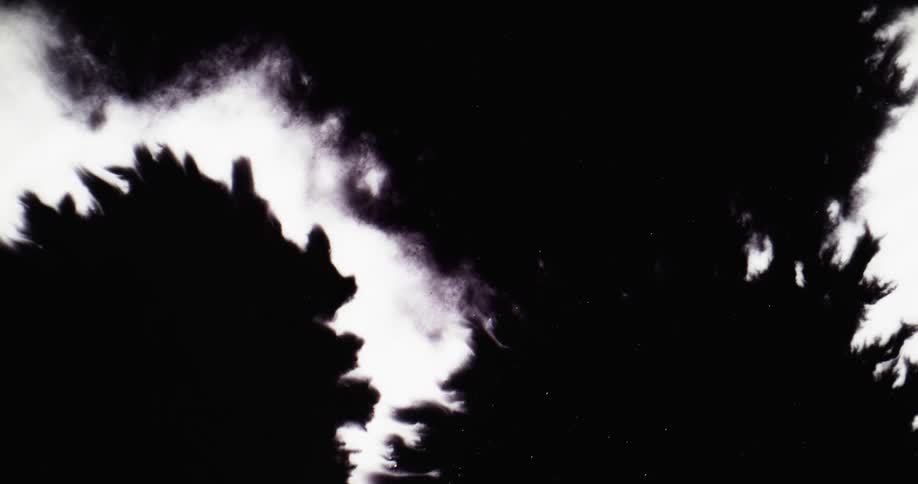 Splotches and stains of dark black ink spreading over a white background
