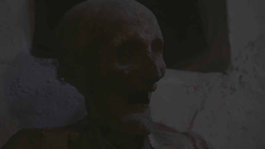 A skeleton is leaning against a crypt wall