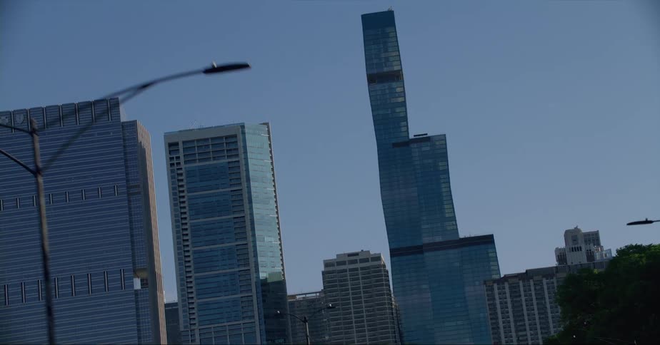 Exterior view of high rise buildings agains the blue sky in the city