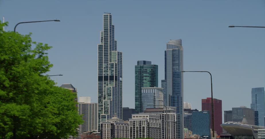 Skyscrapers in the chicago skyline against a light blue sky