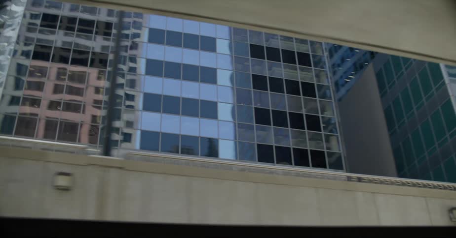 Office buildings as seen from inside a tunnel