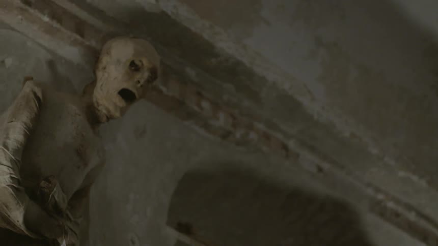 A skeleton on the catacombs wall