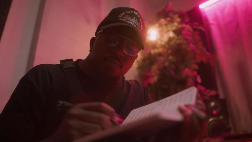 A man nodding and swaying as he sings and writes musical lyrics in a notebook