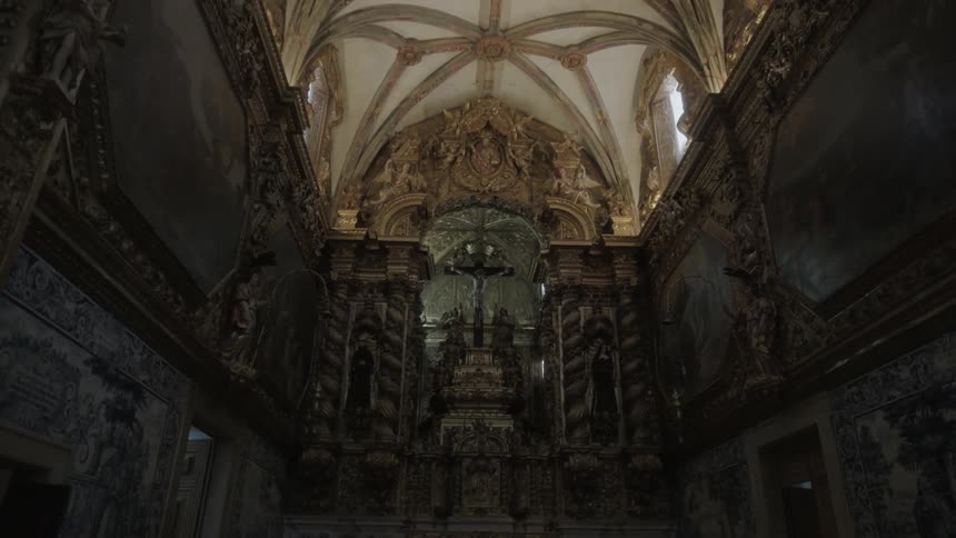 A church has an arched ceiling