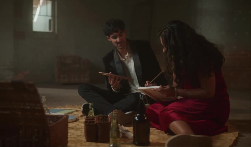 Young happy couple casually and playfully painting on canvas with oil while sitting on the floor of a dimly lit room