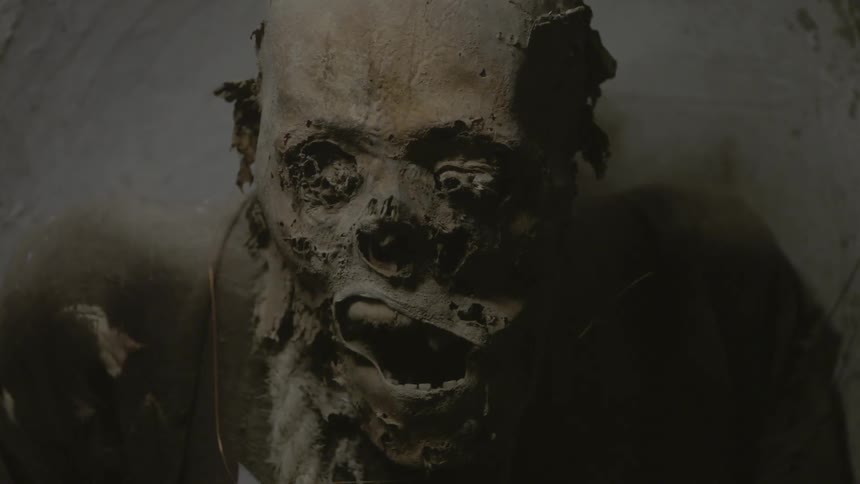 A decayed corpse skull is on a stone slab
