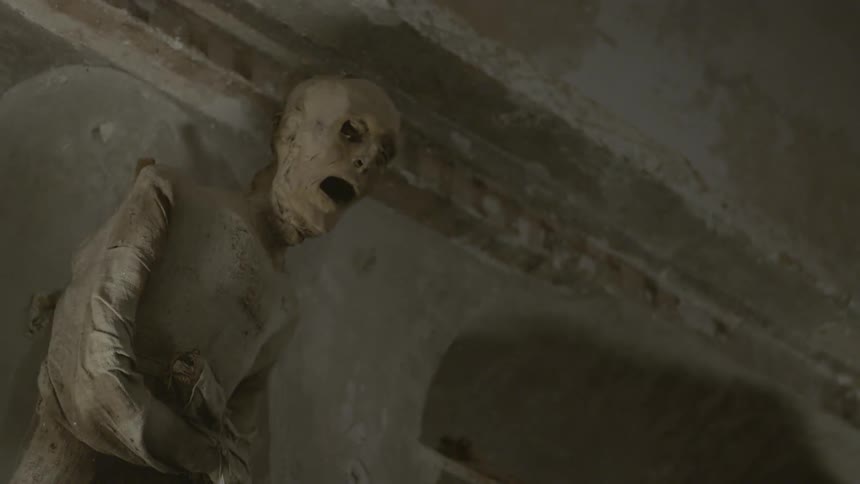 A mummified body inside a monument