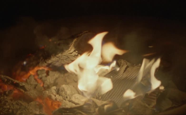 Large chunks of wood burn in a bonfire