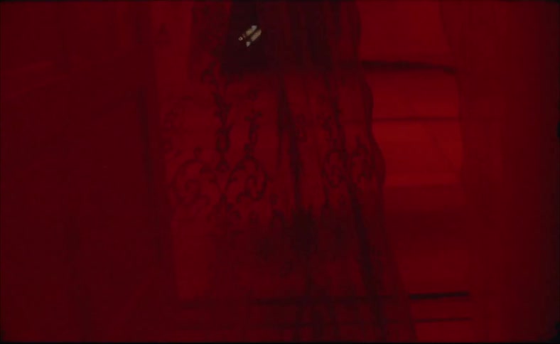 The hallway is dark and red