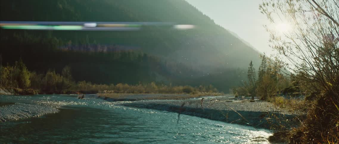 Sun glare streaks over misty mountain and forest bordering stream