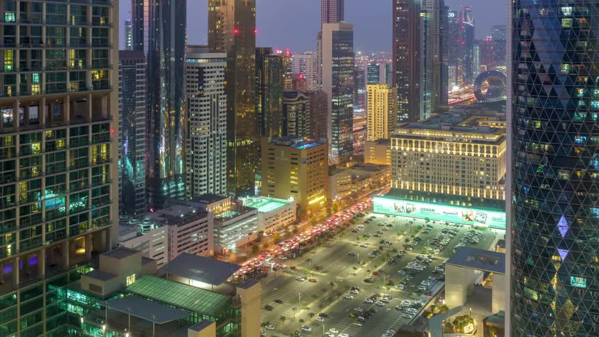 Aerial view of a downtown city is displayed