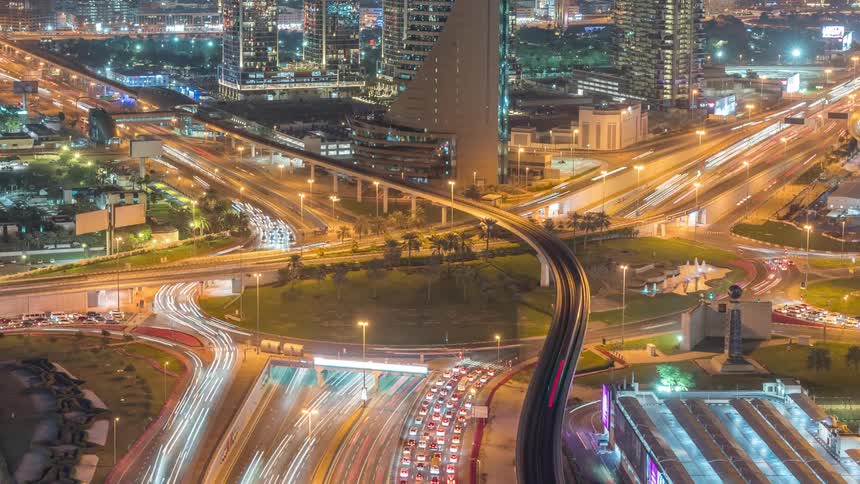 Heavy traffic passes through an intensive interstate system downtown
