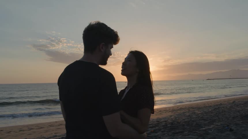 A man and a woman are standing together on a beach and they kiss as the waves roll in and the sun shines brightly on the horizon