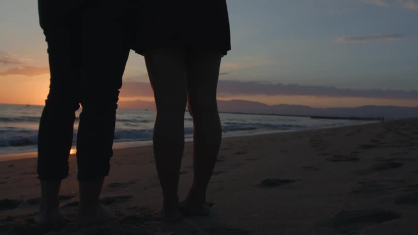 A couple is standing on the beach looking at the sunset