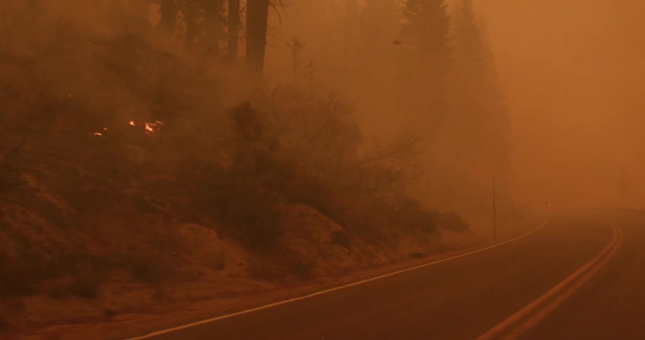 Heavy smoke from a fire covers a rural highway