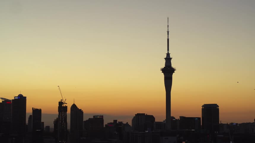 A tall tower looms over the other skyscrapers of a metropolis at sunset