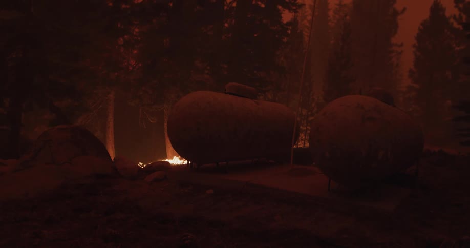 Rocks are on the edge of an embankment and flames are burning trees in the forest fire below