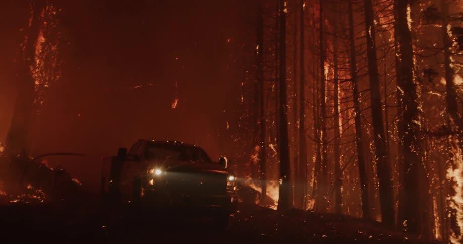 The firefighter walks through the forest that is burning