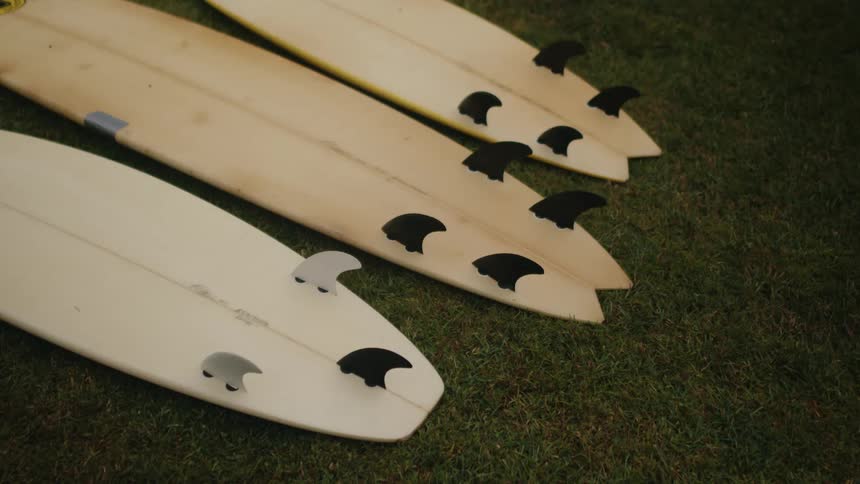 Surfboards lie fins up on grass covered field