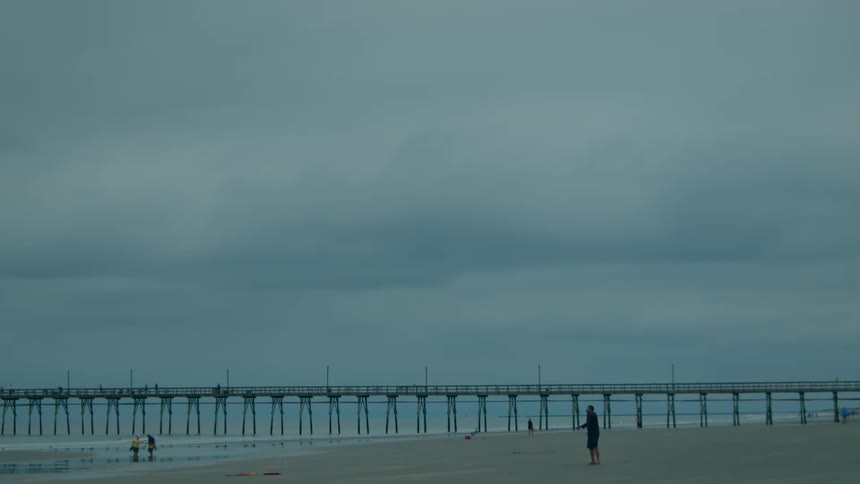 Man wearing black coat and shorts flies a kite on the white sand beach next to the ocean with pier on cloudy day
