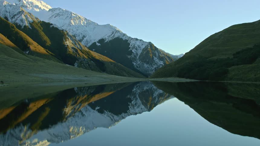 Aerial view of still lake with perfectly reflected snowy mountain range