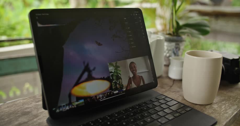 A woman is talking with someone on the laptop