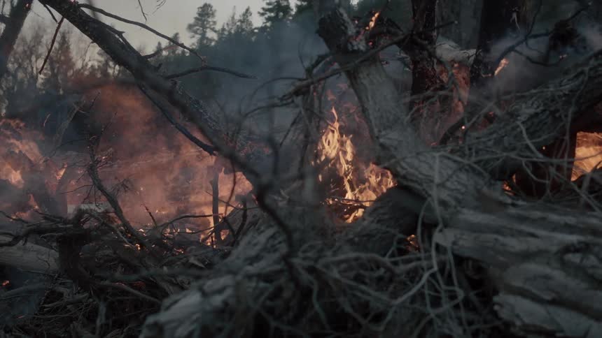 Tree limbs burning in a forest