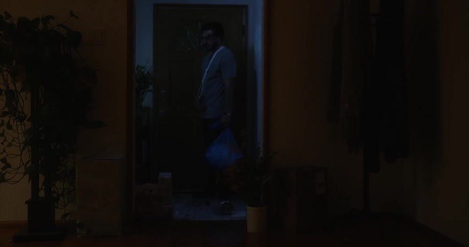 An injured and bandaged man closes his front door looking around his home confused and sad