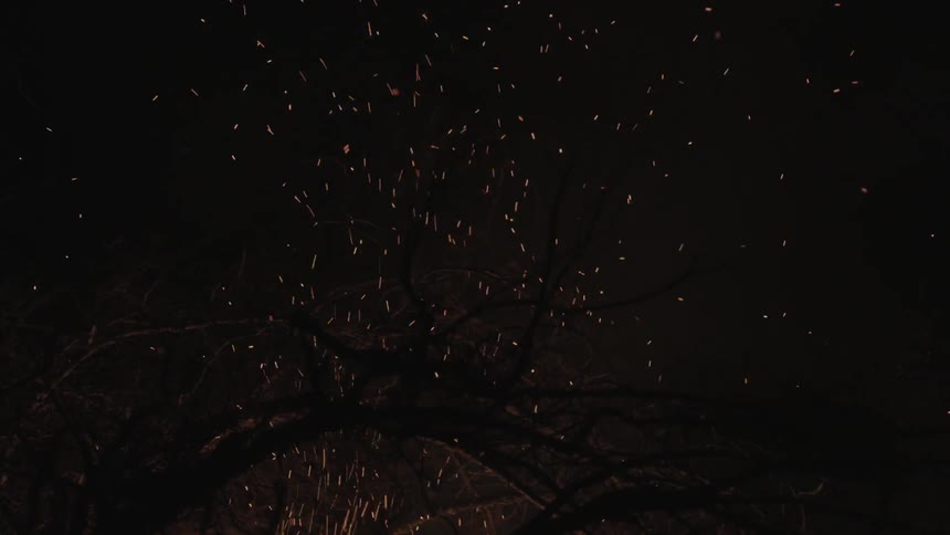 Burning embers rising into the night sky
