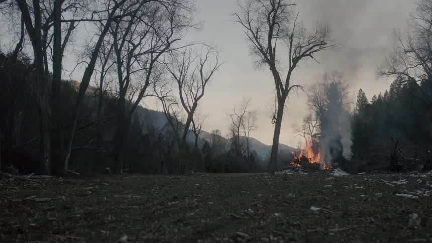 A fire blazes on a field ahead