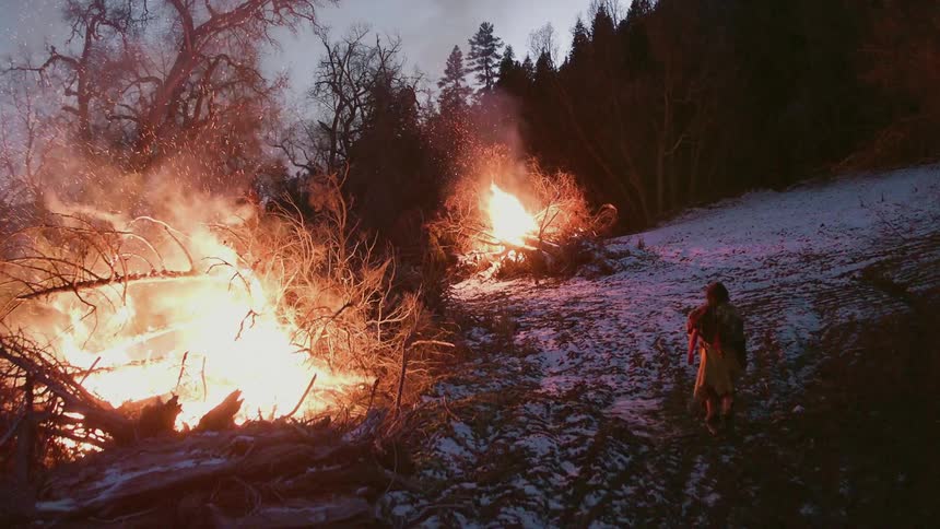 A man approaching piles of burning tree limbs