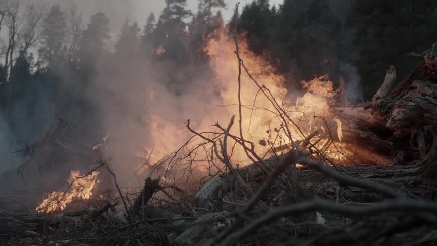 A large bonfire is consuming tree trunks and branches
