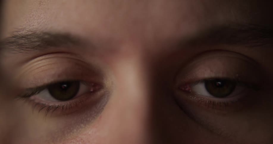 A persons eyes blinking and looking around