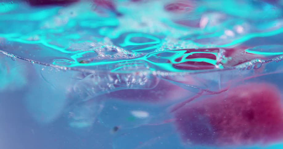 Cubes of red fruit and ice floating on the surface of a drink under blue lights