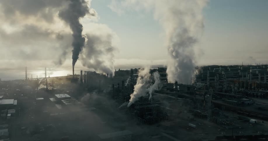 Smoke billows from the smokestacks of an immense factory during the day