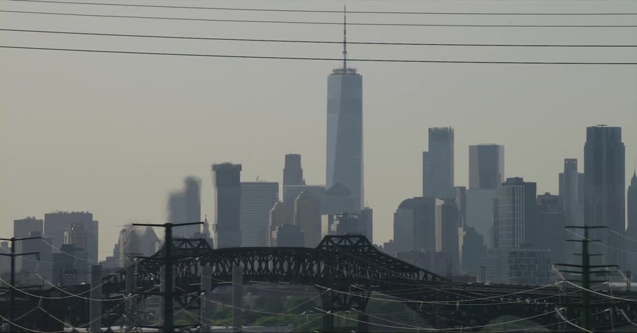 Panoramic city skyline and utilility poles