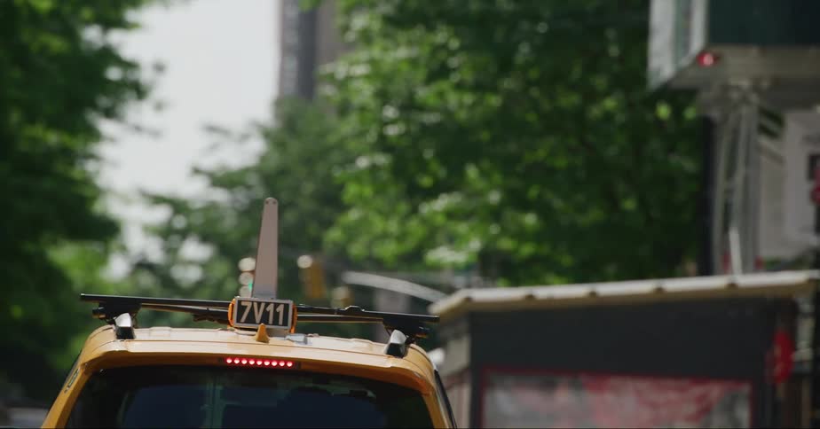 A taxi drives down a tree lined city street