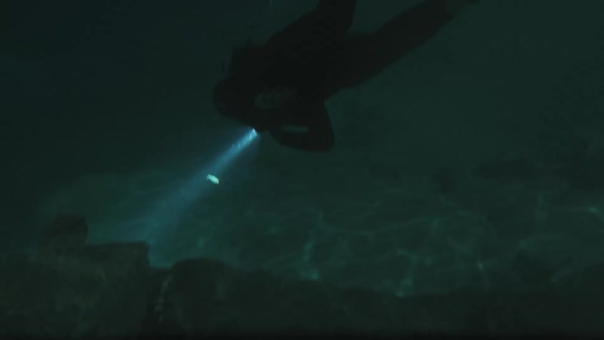 A diver examines the dark sea floor with a flashlight